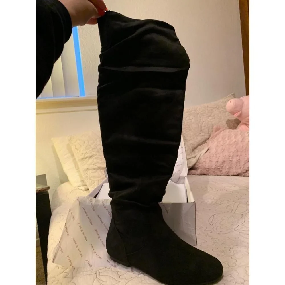 🆕Women's Black Polyurethane (PU) Knee High Pointed Toe Low Heel Western Boots